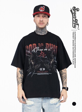 欧美高街复古宽松打底衫暗黑齐天大圣印花漫数码直喷短袖T恤男女