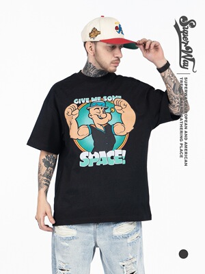 欧美新款Popeye the Sailor大力水手波派复古卡通印花趣味短袖T恤