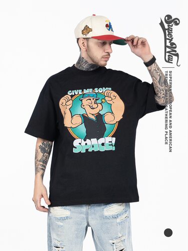 欧美新款Popeye the Sailor大力水手波派复古卡通印花趣味短袖T恤