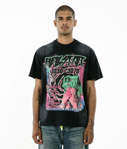 HELLSTAR地狱之星眼睛投影仪人像科技未来梦幻印花水洗做旧短袖T