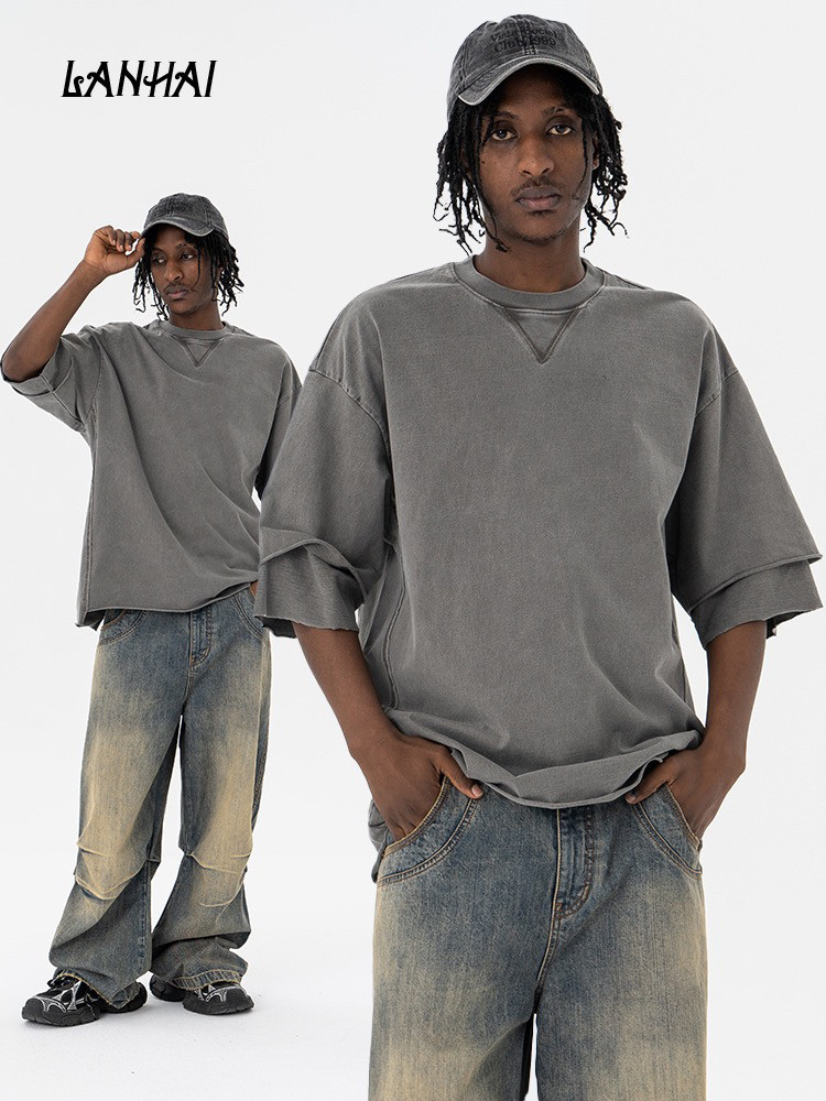 美式vintage复古水洗做旧纯色短袖T恤oversize男女情侣款宽松休闲