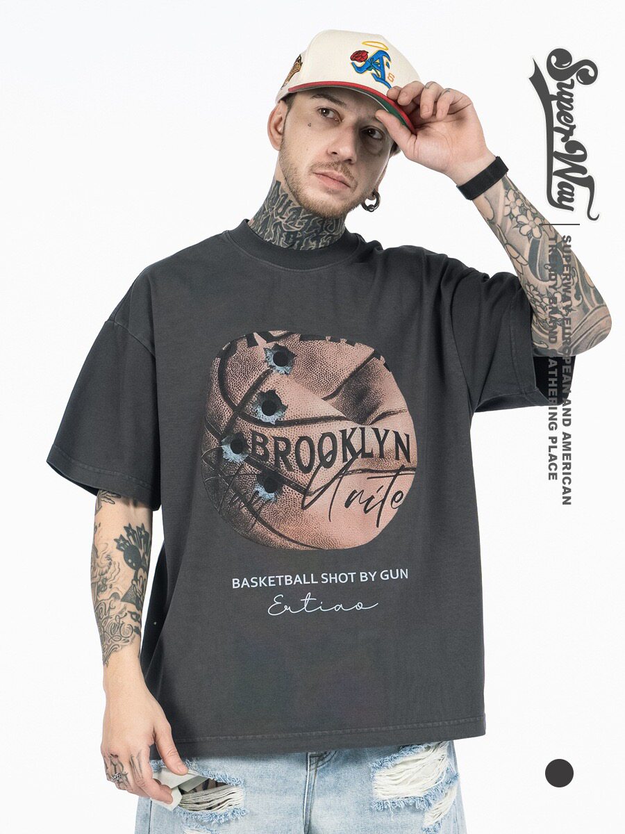 美式复古做旧圆领子弹孔签名篮球破坏oversize男女宽松休闲短袖T