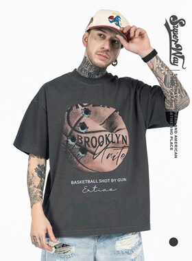 美式复古做旧圆领子弹孔签名篮球破坏oversize男女宽松休闲短袖T