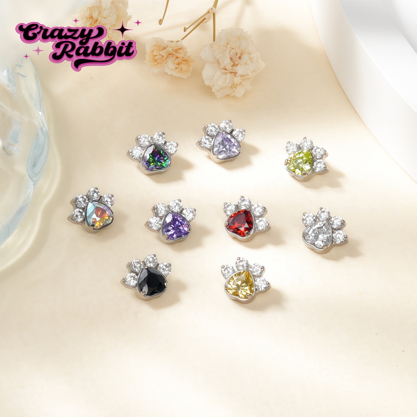 CrazyRabbit爱心猫爪内螺纹耳钉