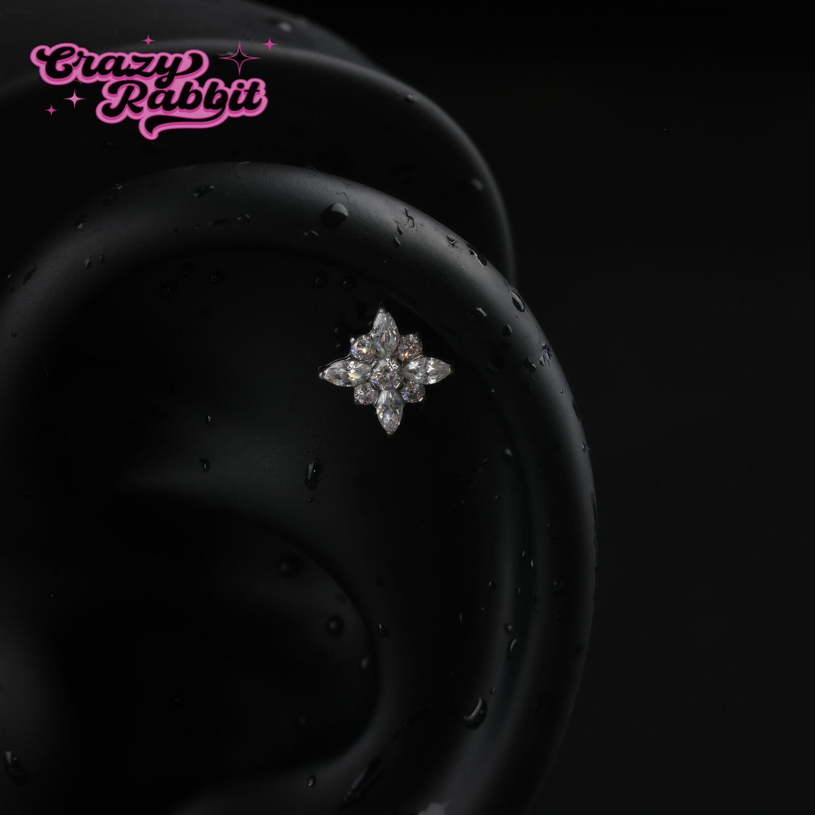 CrazyRabbit 爆闪满钻锆石钛合金十字星芒耳钉养耳洞耳骨钉耳饰品