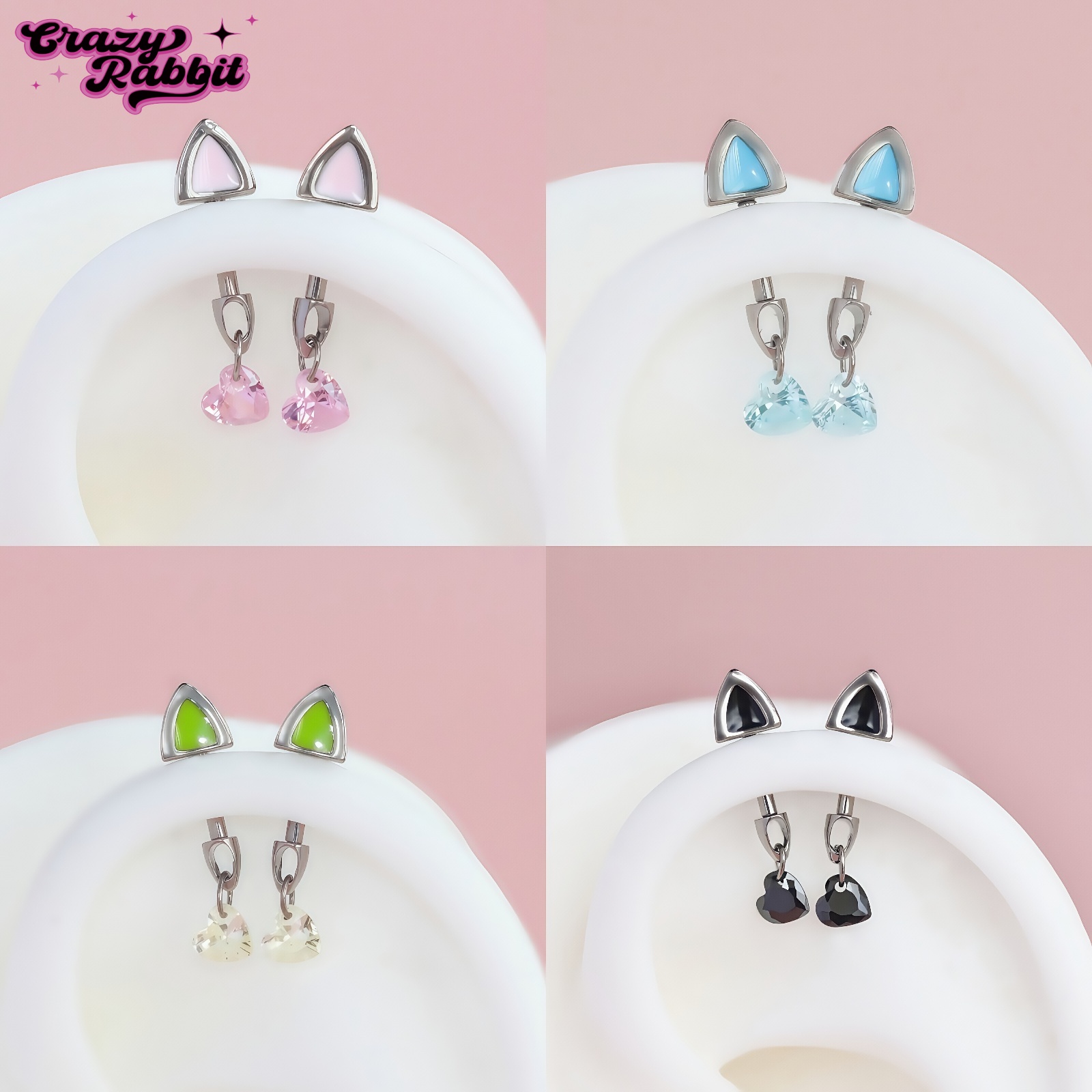 CrazyRabbit 新款钛合金猫猫耳朵耳骨钉可爱少女小恶魔耳钉耳饰品