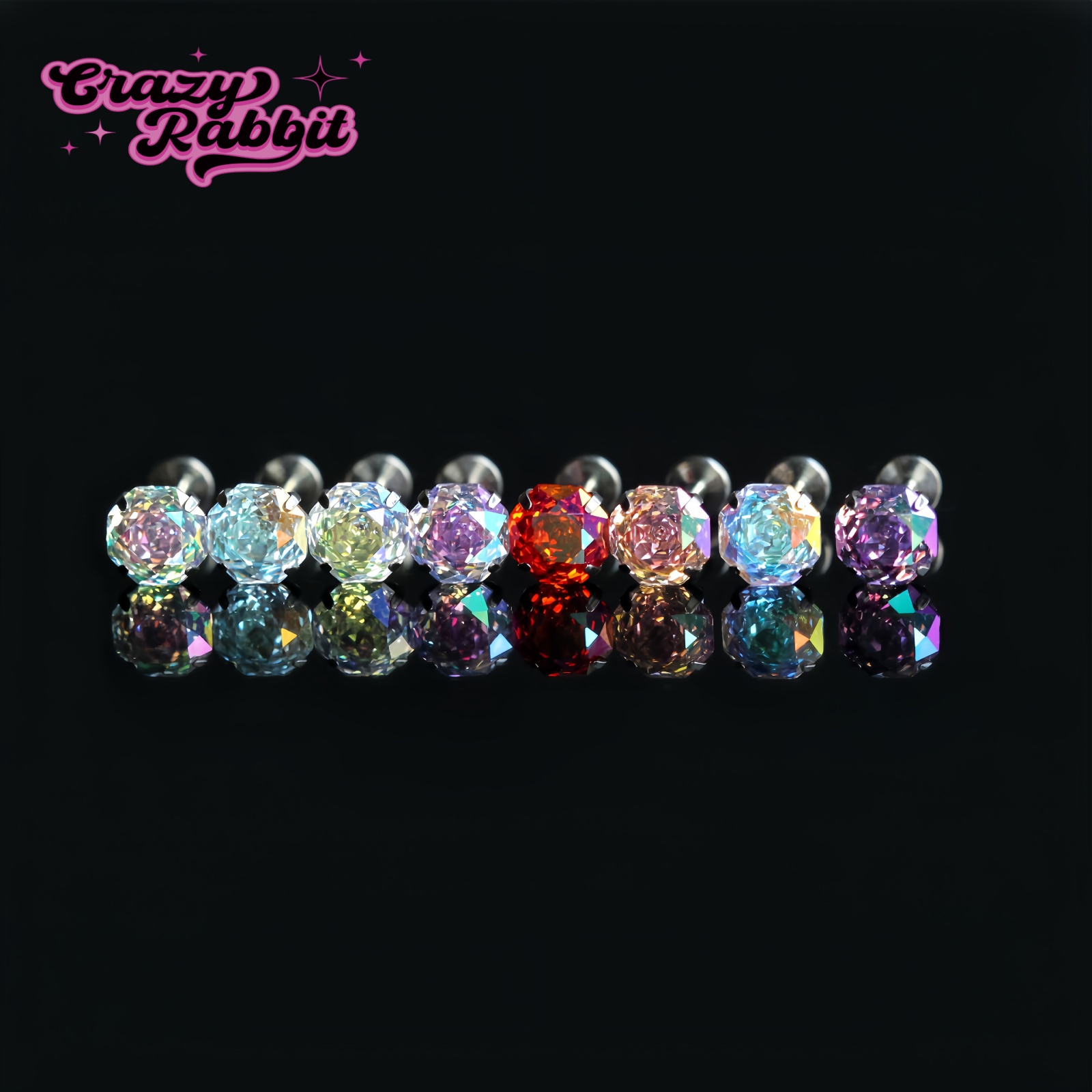 6mmF-136钛合金超级闪耀彩色渐变宝石锆石烟花玫瑰切内牙耳钉