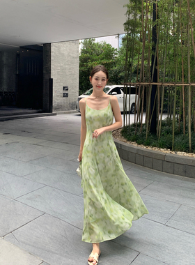 Maven Lin【现货7折】薄荷曼波|绿色泼墨印花吊带连衣裙收腰长裙