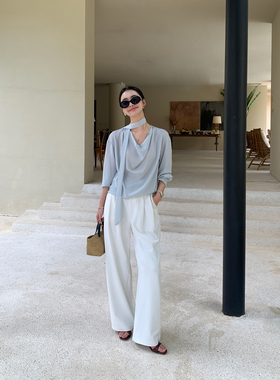 Maven Lin 高密防透纱工艺白色休闲阔腿西装裤女夏季垂感直筒长裤