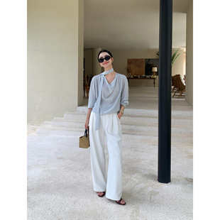 Lin 垂感直筒长裤 高密防透纱工艺白色休闲阔腿西装 女夏季 裤 Maven