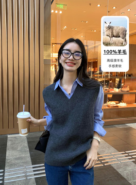 Maven Lin 精心之作 高级感 100%羊毛宽松V领春秋针织马甲背心女