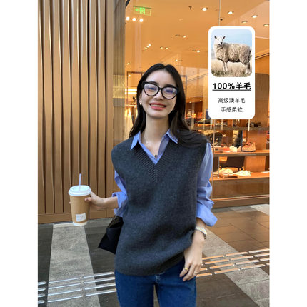 Maven Lin 精心之作 高级感 100%羊毛宽松V领春秋针织马甲背心女
