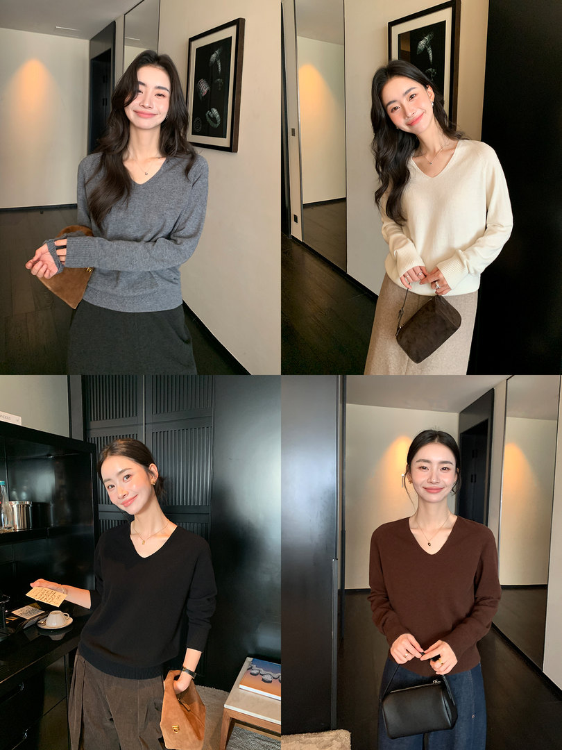 Collage of women wearing V-neck knit sweaters in multiple colors