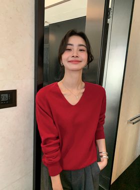 Maven Lin 简约100羊毛V领针织衫女秋冬新款黑色毛衣长袖打底上衣