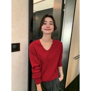 黑色毛衣长袖 Maven 女秋冬新款 简约100羊毛V领针织衫 打底上衣 Lin