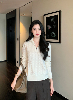 Maven Lin 名门新贵 气质羊毛翻领麻花毛衣女宽松半拉链针织上衣