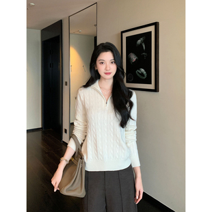 气质羊毛翻领麻花毛衣女宽松半拉链针织上衣 名门新贵 Maven Lin
