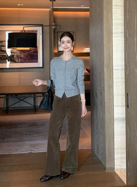 Maven Lin 时尚先锋 卡其色高腰宽松灯芯绒裤女阔腿直筒休闲长裤