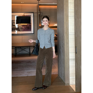 Lin 女阔腿直筒休闲长裤 时尚 卡其色高腰宽松灯芯绒裤 先锋 Maven