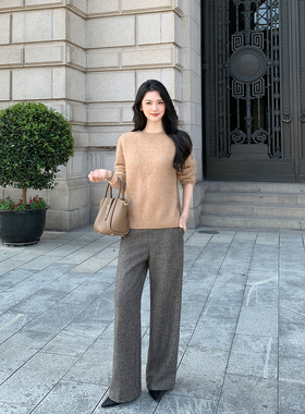 Maven Lin 时髦典范 臻选羊毛高腰直筒休闲裤女宽松通勤阔腿长裤