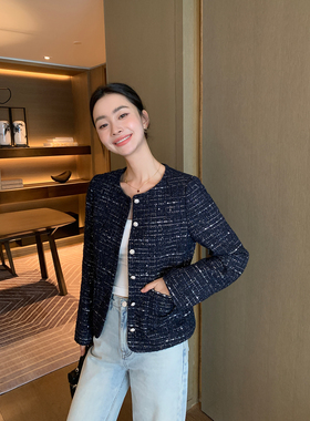 Maven Lin 高奢黑色粗呢小香风外套女春秋小众银丝闪片宽松短上衣