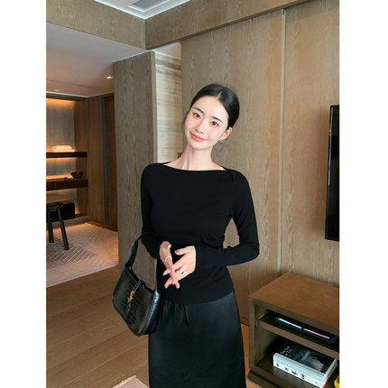 Maven Lin 高端系列|知性大方一字领上衣女优雅修身针织打底t恤