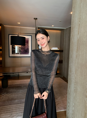 Maven Lin 满天星辰 奢丽透感网纱长袖T恤女双层纱轻薄针织打底衫