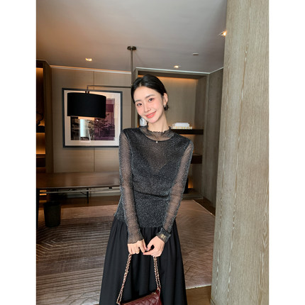 Maven Lin 满天星辰 奢丽透感网纱长袖T恤女双层纱轻薄针织打底衫