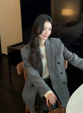 Maven Lin【现货7.5折】气质羊毛人字纹西装外套女颗粒感毛呢大衣