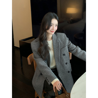 气质羊毛人字纹西装外套女