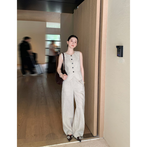 Maven Lin 简约通勤知性老钱风亚麻套装女马甲上衣+高腰休闲长裤