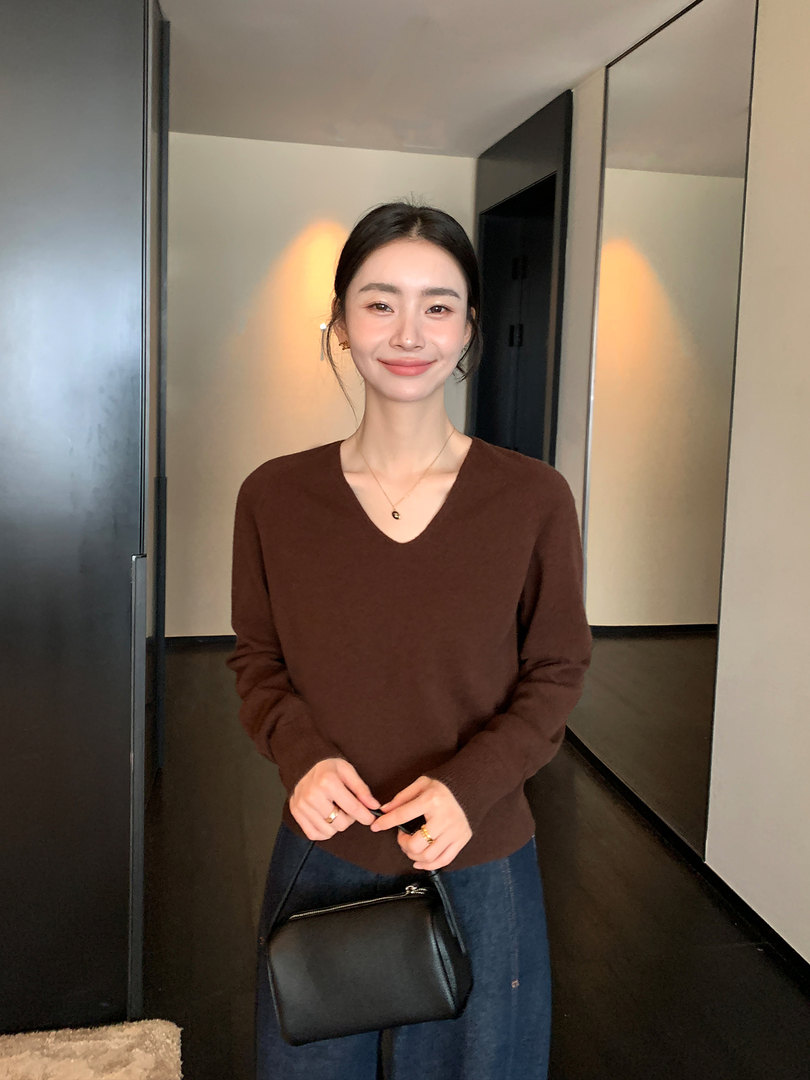 Woman wearing a brown V-neck sweater and holding a black handbag