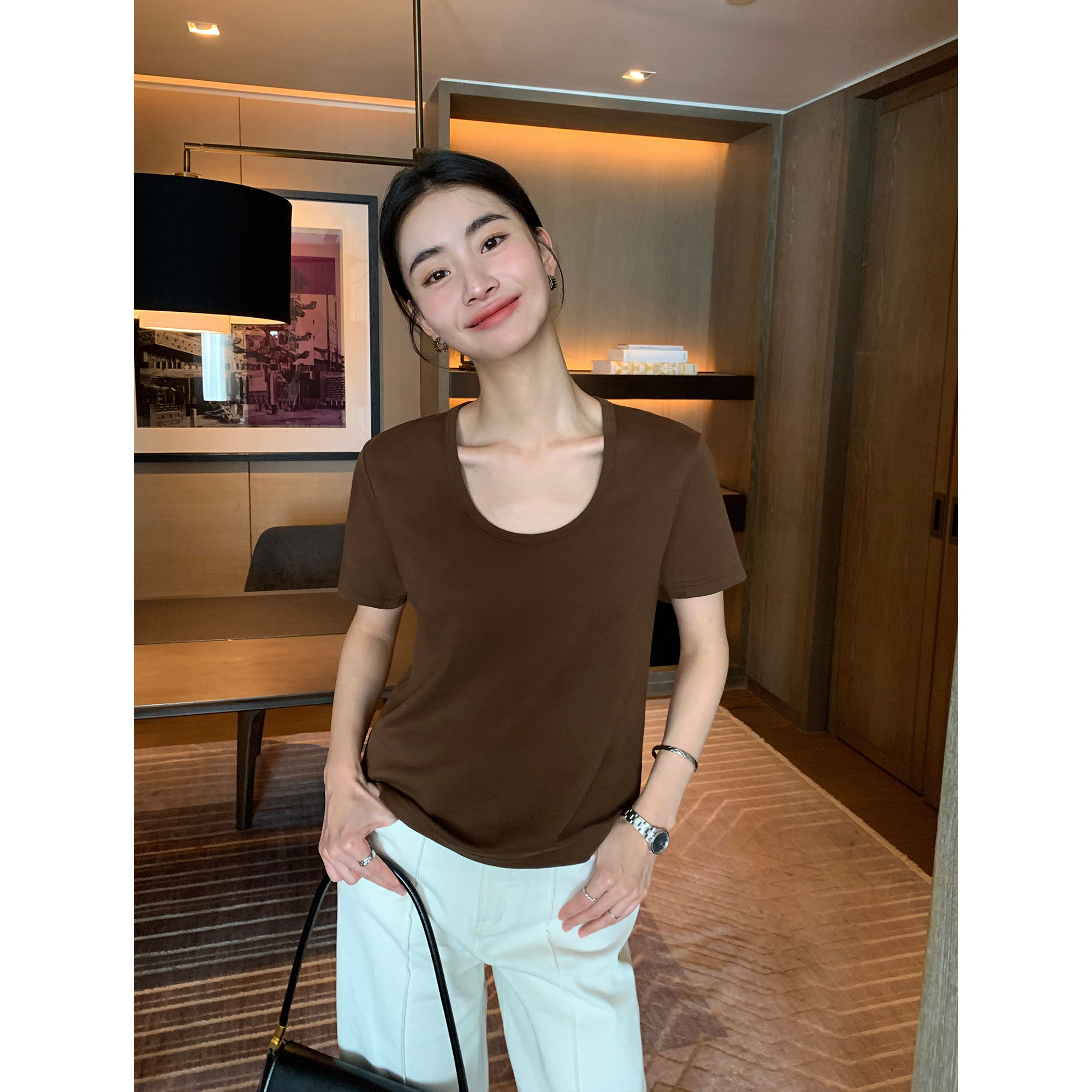 Maven Lin【现货7.5折】短袖T恤女u领宽松百搭莫代尔棉正肩上衣