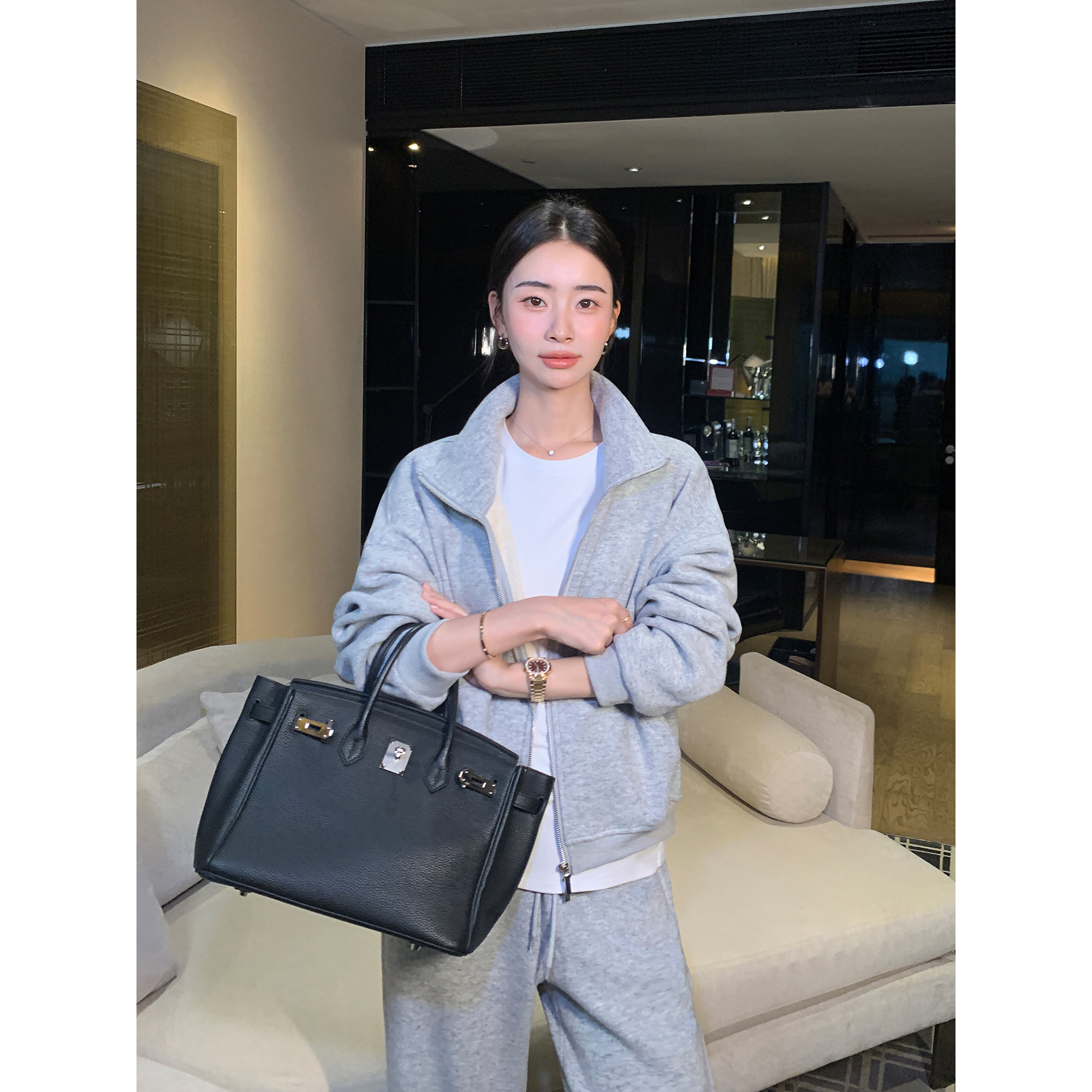 Maven Lin 都市雅逸 立领卫衣外套女气质拉链针织开衫+休闲裤套装