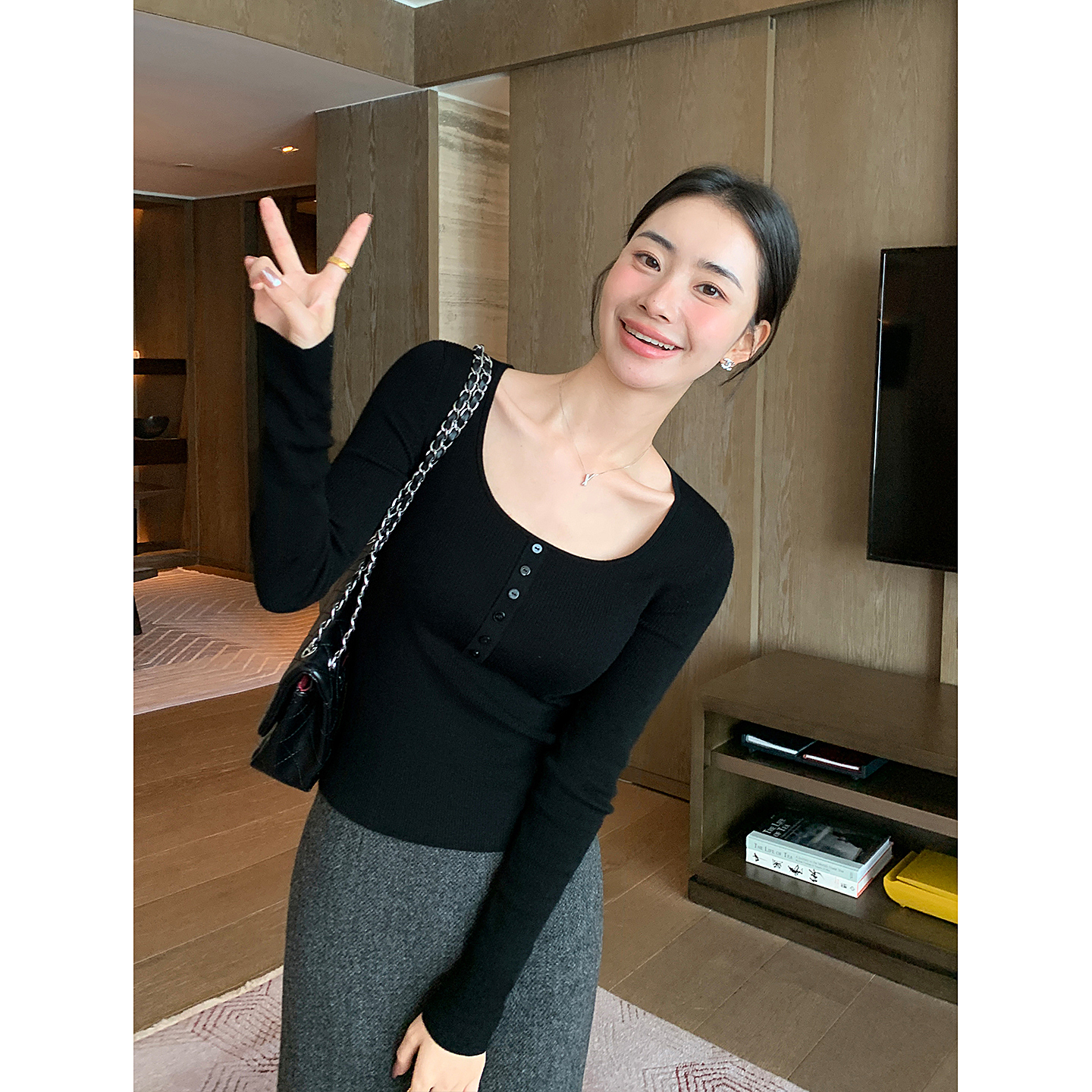 Maven Lin 60支扬子品牌羊毛方领针织衫女气质修身内搭长袖上衣