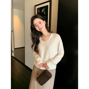 宽松毛衣长袖 Maven 女春秋新款 简约1OO羊毛V领针织衫 打底上衣 Lin