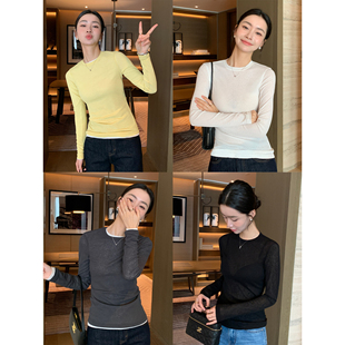 轻薄白色长袖 基础款 T恤女竹节纱感微透叠穿针织上衣春 Lin Maven