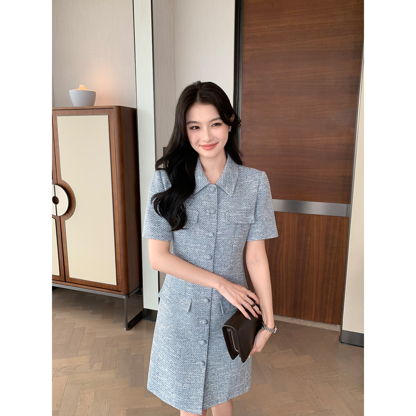Maven Lin 优雅仪态 小香风花纱纹理短袖连衣裙女气质短款裙子