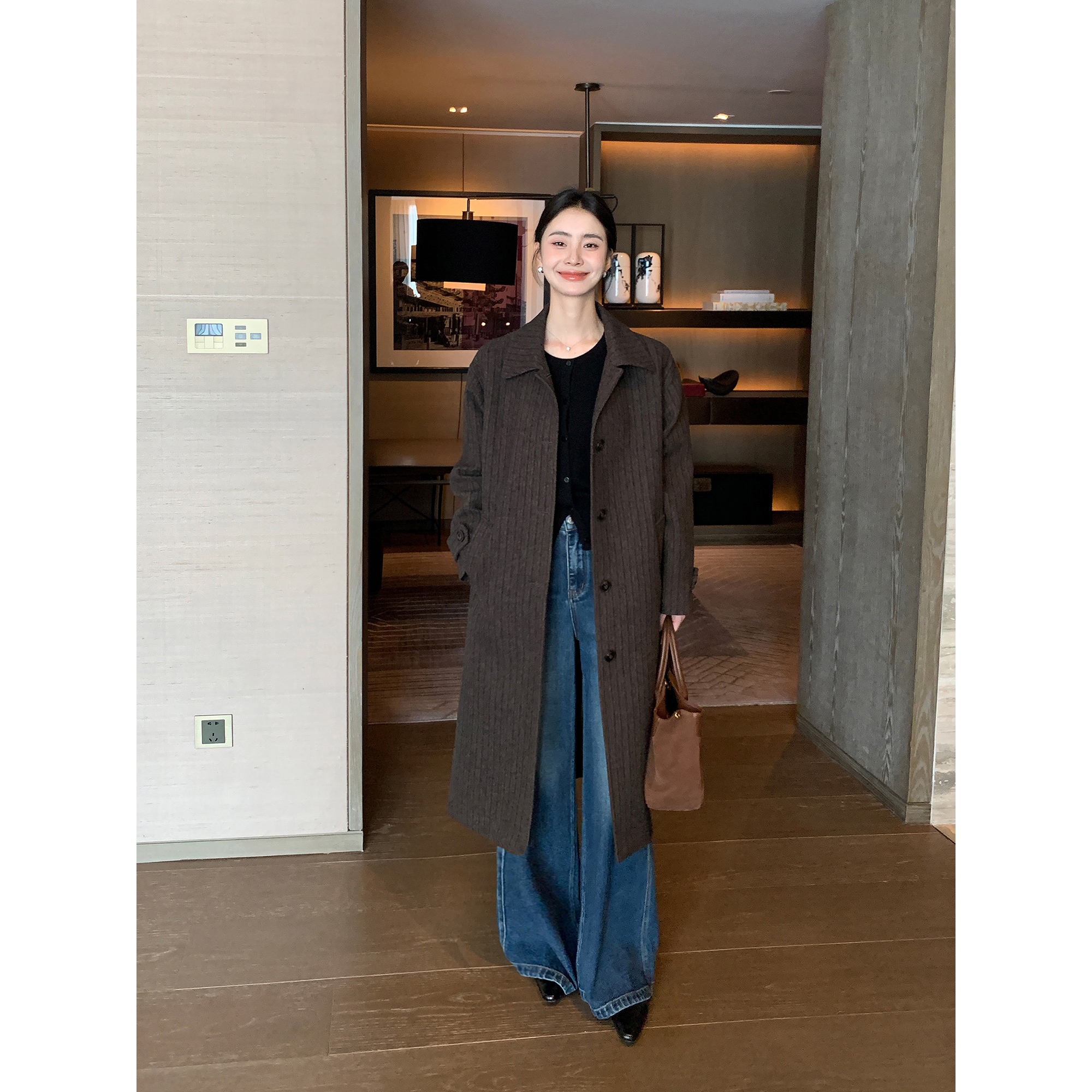 Maven Lin 经典老钱 高级感羊毛西装外套女人字纹中长款毛呢大衣