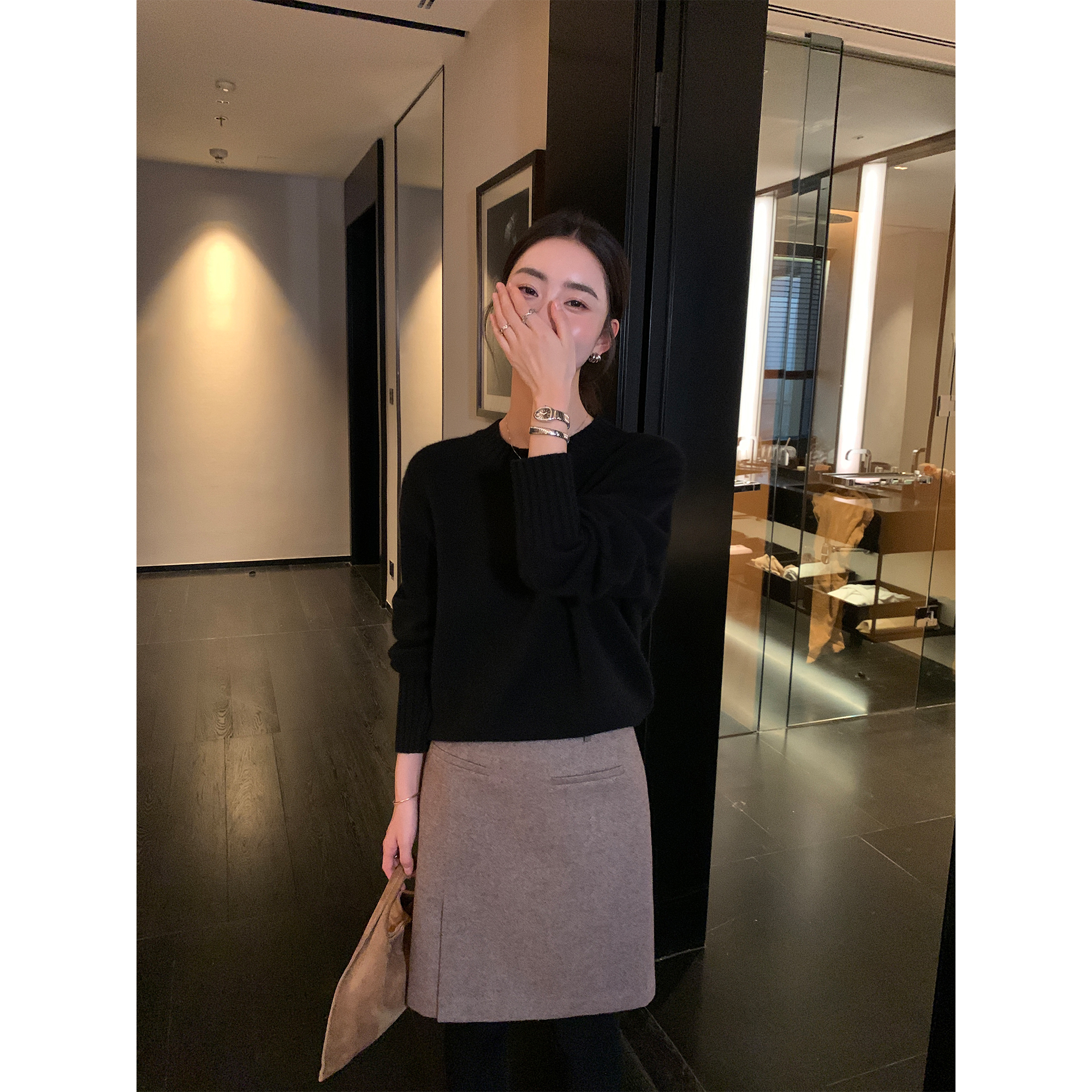 斜纹羊毛半身裙女a字包臀裙