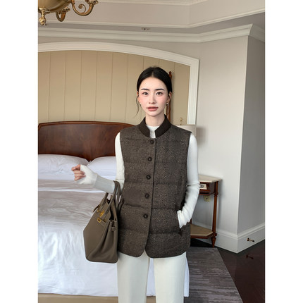 Maven Lin 老钱风细闪毛呢90白鸭绒通勤羽绒服马甲女马夹背心外套