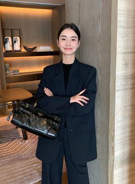 Maven Lin 藏蓝色条纹西装外套女2025春秋新款休闲宽松女士西服