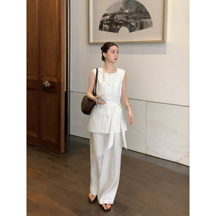 亚麻马甲上衣女阔腿休闲裤 Maven 系带无袖 重磅老钱风套装 Lin