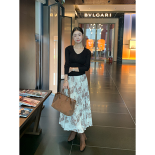 Maven 老钱风复古雪纺印花半身裙女垂感气质a字大摆伞裙长裙 Lin