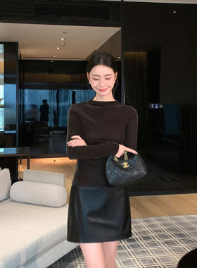 Maven Lin 老钱摩登 复古黑色PU皮半身裙女高级感A字皮裙包臀短裙