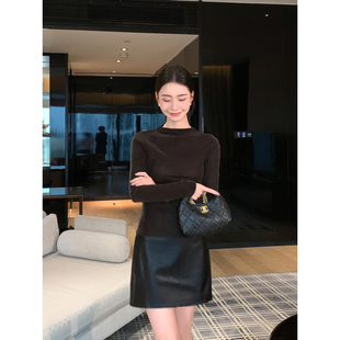 复古黑色PU皮半身裙女高级感A字皮裙包臀短裙 老钱摩登 Maven Lin