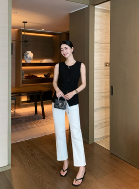 Maven Lin 时髦练达 白色牛仔裤女高腰显瘦立体侧缝锥形九分裤