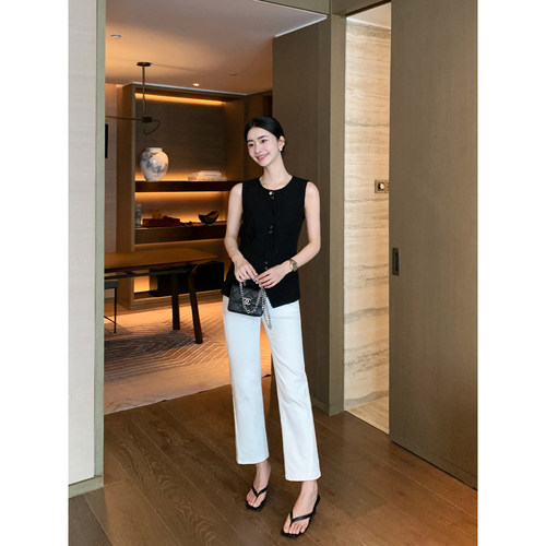 Maven Lin 时髦练达 白色牛仔裤女高腰显瘦立体侧缝锥形九分裤