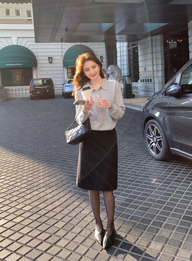 Maven Lin 优雅从容 黑色羊毛直筒半身裙女简约职场后开叉包臀裙