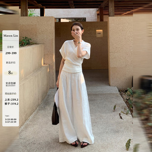 女宽松阔腿休闲裤 Maven V领交叉系带衬衫 素简1OO亚麻套装 Lin